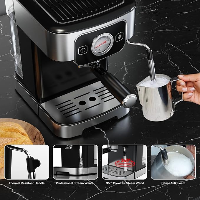 Espresso Machine 20 Bar with Steam Milk Frother, Stainless Steel Coffee Machine with Removable Water Tank for Cappuccino,Latte, Compact Stainless Steel Coffee maker for home,Great Gift