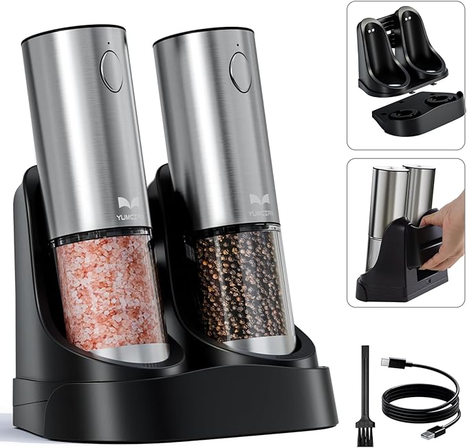 Electric Salt and Pepper Grinder Set with Easy-to-Carry Charging Base and LED Light, Automatic Salt and Pepper Grinder Set, USB Rechargeable, Adjustable Coarseness, Washable Container