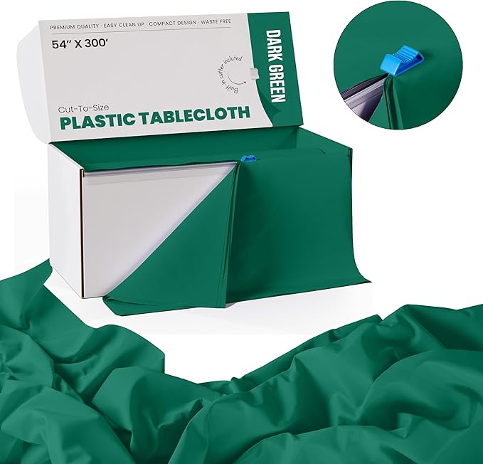 Exquisite Party Solids 54 Inch X 300 Feet Dark Green Plastic Table Cover Roll in A Cut - to - Size Box with Convenient Slide Cutter. Cuts Up to 36 Rectangle 8 Feet Plastic Disposable Tablecloths