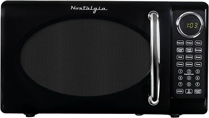 Nostalgia Retro Microwave Oven 0.7 Cu Ft, 700-Watt Countertop Size with Glass Turntable, Child Safety Lock, 8 Auto-Cook Programs, Digital Clock, Black