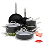 OXO Good Grips Pro 10 Piece Cookware Pots and Pans Set, 3-Layered German Engineered Nonstick Coating, Stainless Steel Handle, Dishwasher Safe, Oven Safe, Black