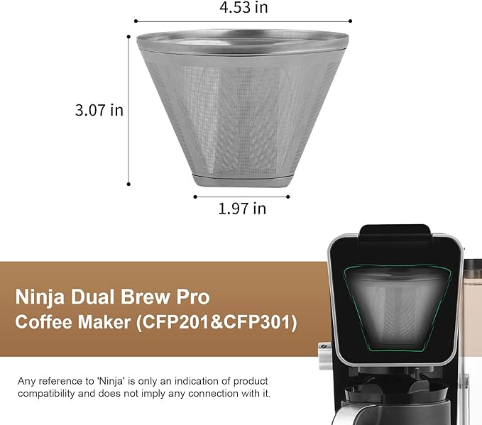 Reusable Coffee Filter Coffee Maker Filters, 304 Stainless Steel Replacement Permanent Basket Filter for Ninja Coffee Bar Brewer Ninja CFP301 DualBrew Ninja Coffee Makers