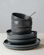 Famiware Milkyway Stoneware Dinnerware Sets with Mugs, Service for 4 (16 Pieces), Reactive Glaze Plates and Bowls Sets, Microwave and Dishwasher Safe Dishes Set, Matte Dark Charcoal