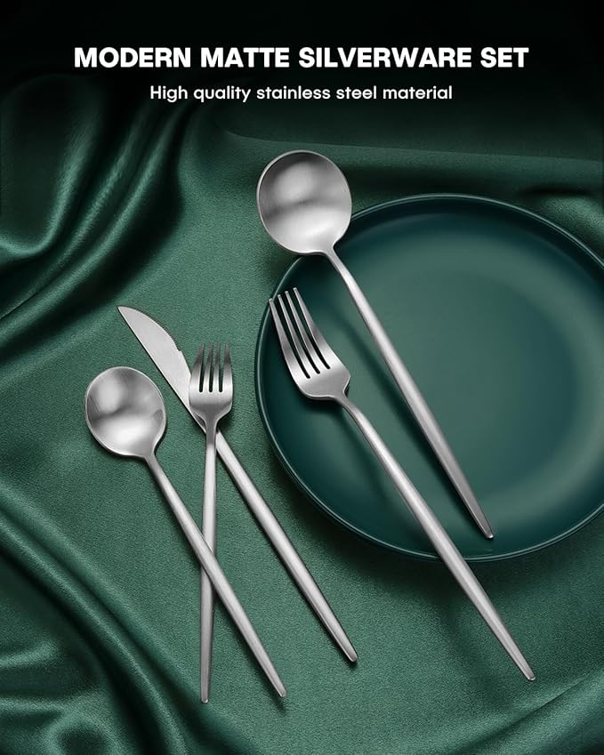 EUIRIO 20-Piece Matte Silverware Set, Modern Flatware Set for 4, Premium Stainless Steel Cutlery Set with Forks Spoons and Knives, Heavy Duty Utensil Sets, Dishwasher Safe