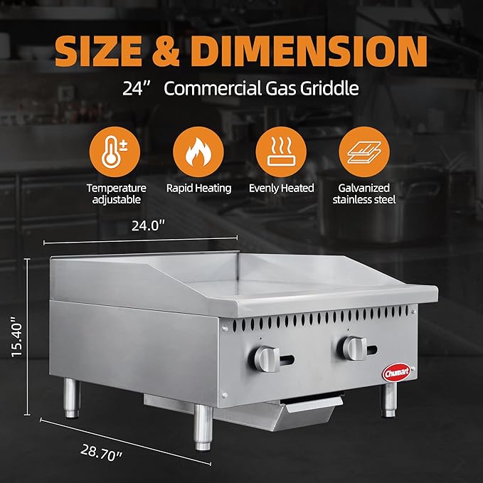 24" Commercial Countertop Griddle, 2 Burners Gas Griddle, 60000 BTU Output, Stainless Steel Flat Top Grill Hot Plate with Natural Gas and Propane Conversion Kit for Restaurant, Food Truck