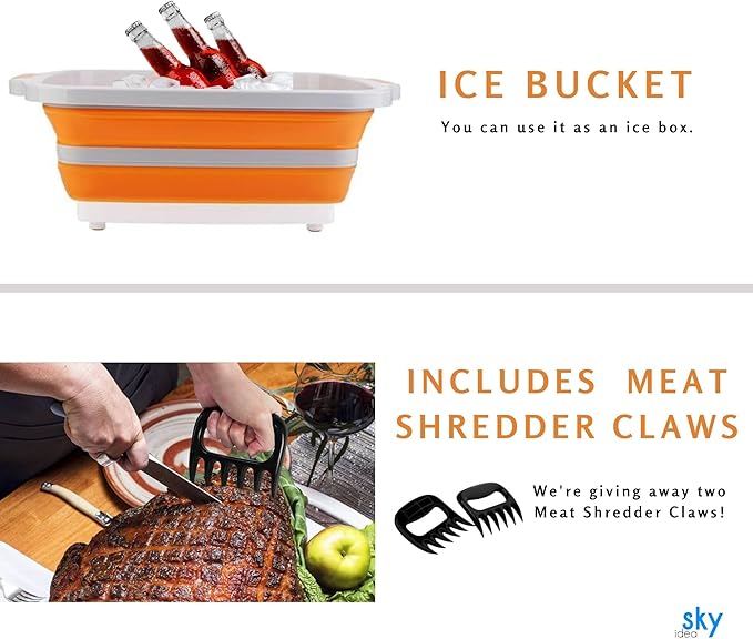 Collapsible BBQ Prep Tub(4.22 Gal/16L), Large BBQ Prep Tub with Lid & 2 Pcs Meat Shredder Claws, Foldable Marinating Food Storage, Multifunction Cutting Board, Barbeque Marinate Storage, Resting Meat