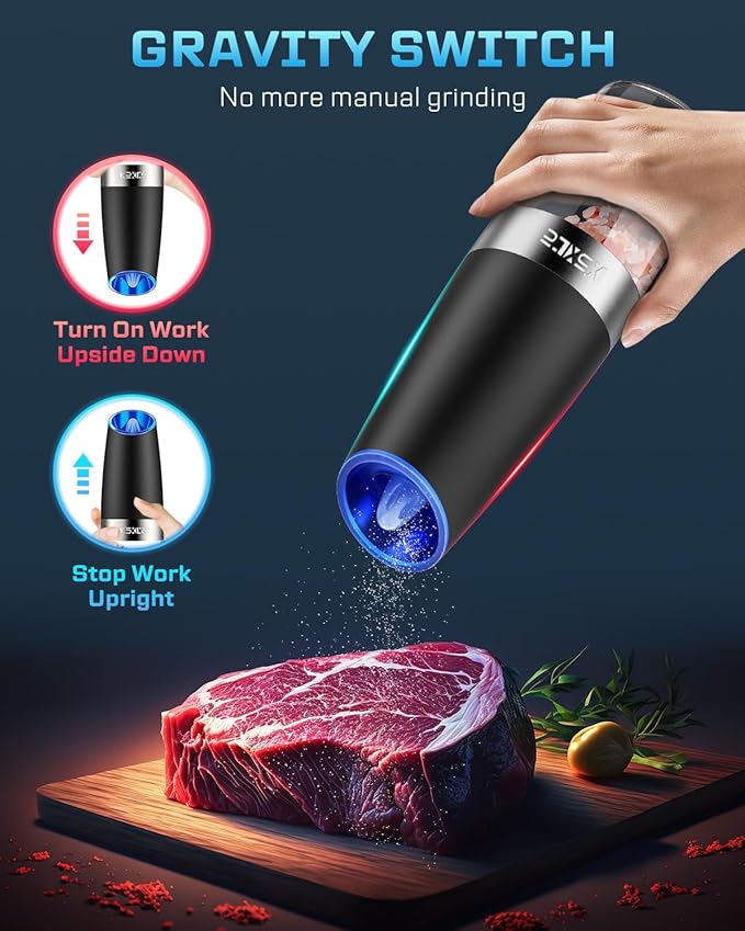 XinXu Gravity Automatic Electric Pepper and Salt Grinder, Auto Salt or Pepper Mill Shaker Stainless Steel,Blue LED Light,One Hand Operated, Black