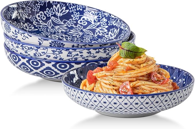 Ceramic Pasta Bowls Set - 32 OZ Porcelain Serving Soup Cereal Bowls 8.5 inch Wide and Shallow Salad Dinner Bowls - Microwave Dishwasher Oven Safe - Set of 4 - Vintage Blue