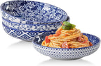 Ceramic Pasta Bowls Set - 32 OZ Porcelain Serving Soup Cereal Bowls 8.5 inch Wide and Shallow Salad Dinner Bowls - Microwave Dishwasher Oven Safe - Set of 4 - Vintage Blue
