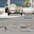 Iron Dish Drying Rack with Drainboard Dish Drainers for Kitchen Counter Extendable Spout Strainers with Utensil Holder and Knife Slots, Grey