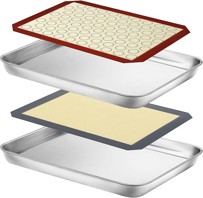 Baking Sheet with Silicone Mat Set of 4, Stainless Steel Cookie Sheet Baking Pan Tray with Silicone Mat, Non Toxic & Heavy Duty & Easy Clean - Size of 10 inch