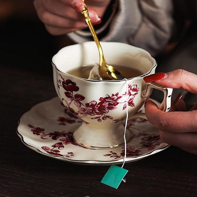 KAMMAK Tea Cups and Saucers Set of 2, Porcelain Coffee Cups, 7-Ounce Stackable Espresso Mugs, Ceramic Demitasse for Coffee, Latte, Americano, Tea, Red Orchid