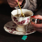 KAMMAK Tea Cups and Saucers Set of 2, Porcelain Coffee Cups, 7-Ounce Stackable Espresso Mugs, Ceramic Demitasse for Coffee, Latte, Americano, Tea, Red Orchid