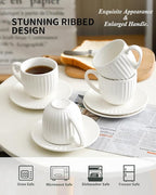 Hasense Porcelain Cappuccino Cups and Saucers Set of 4,White Ribbed 6 Oz Demitasse Tea Cup with big Handle, Mugs Set for Coffee,Tea,Latte and Mocha, Aesthetic Gift for Anniversary or Holiday