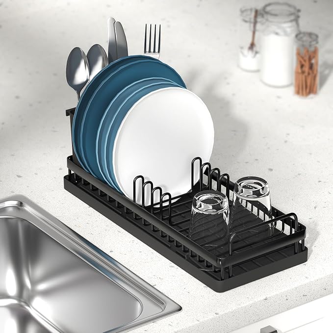 Small Dish Drying Rack, Compact Sink Dish Drainer Plate Organizer with Utensil Holder and 2pcs Silicone Drying Mats for Kitchen Counter, RVs, Apartments