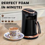 Any Morning Turkish & Greek Coffee Maker-Machine, 1 to 4 Cups Capacity, 100% BPA Free, 400W Electric Coffee Pot with Cook Sense Technology, Anti-Spill Design, Authentic Foamy Brew, Black