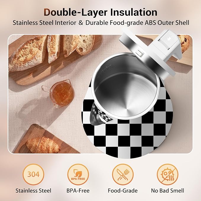 1.2L Double Wall Stainless Steel Interior Water Boiler, Cordless, 1000W Fast Boil with LED Light Coffee Pot & Tea Electric Kettle, Auto Shut-Off and Boil-Dry Protection (Checkerboard)