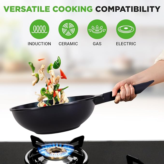 NutriChef NonStick Frying Pans – 5-Piece Skillet Set with Ceramic Coating, Wok, Grill, Fry & Fish Pans – Compatible with All Cooktops, Including Induction – Cool-Touch Handles, Easy-Clean