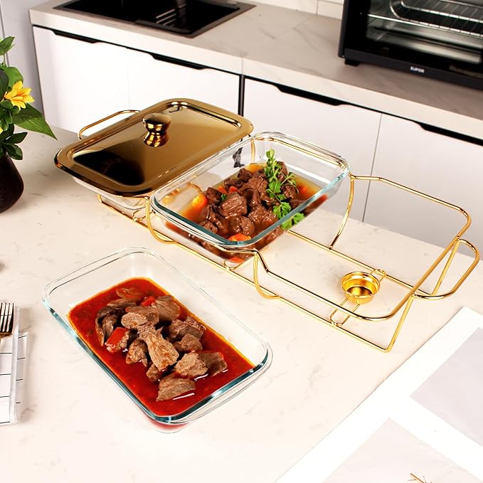 Casserole Dish Set Rectangle 3-in-1 Glass Baking Dish, with Stainless steel Lid and Gold rack, 1.3 Qt x 3 pcs Baking Pan For Casserole & Lasagna, Dishwasher Oven Freezer Microwave Safe