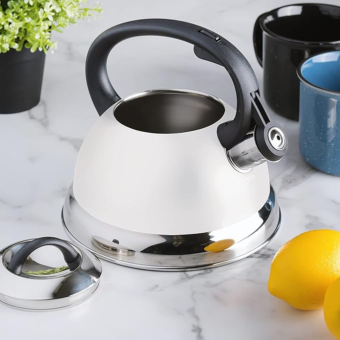 Mr. Coffee Flintshire 1.75-Quart Stainless Steel Whistling Tea Kettle with Nylon Handle – Durable Stove-Top Kettle in Linen Finish