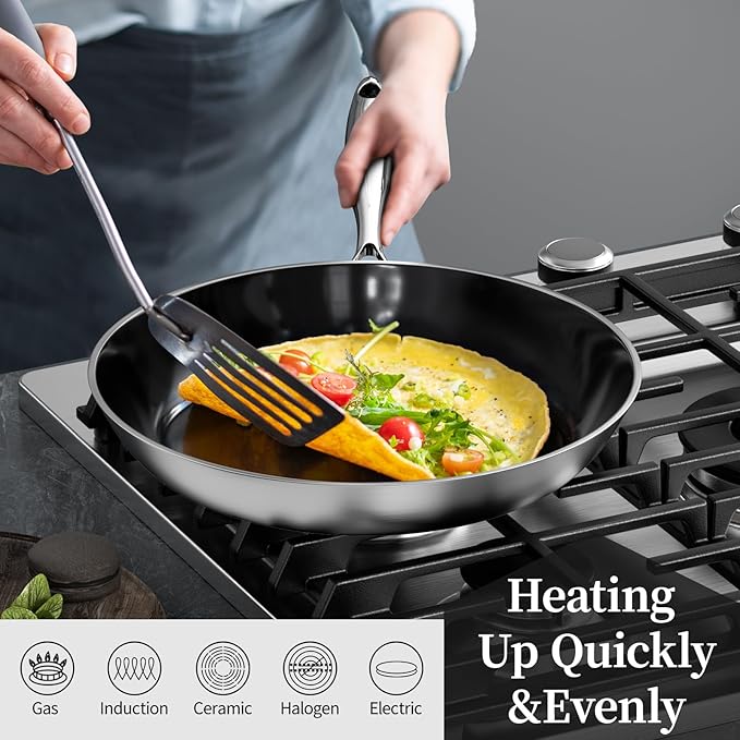 Stainless Steel Frying Pan with Lid 12 inch Titanium Ceramic Nonstick Frying Pan,Skillet with Stay-Cool Handle Non Toxic Healthy Ceramics Egg Pans,PFAS PFOA PTFE Free,Suitable for All Stove