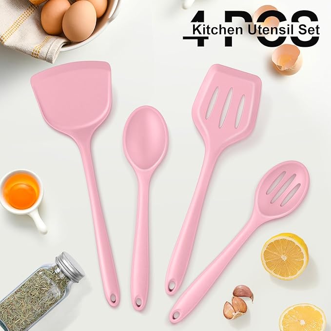 P&P CHEF Kitchen Utensil Set, 4 Pieces Non-stick Silicone Cooking Utensils, Heat-resistant Slotted Solid Spoon Turner for Frying, Mixing, Serving, Non-toxic & Easy to Clean, Pink