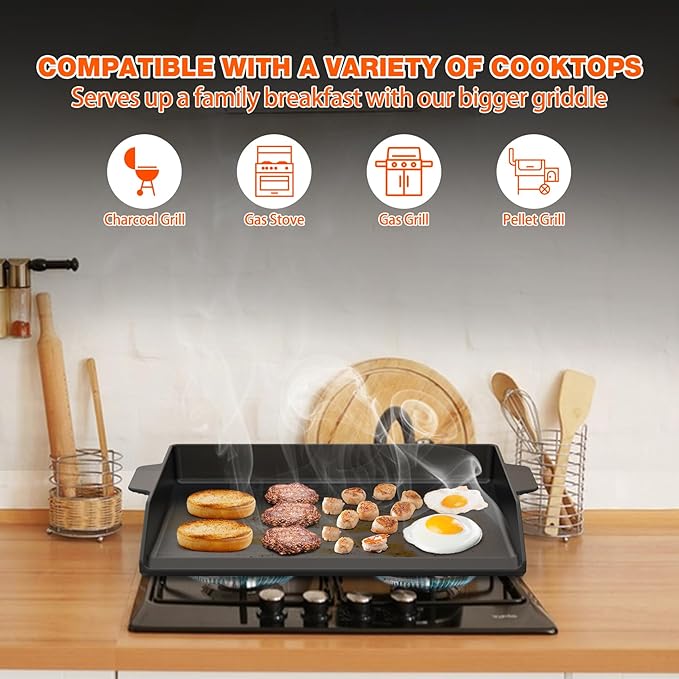 Onlyfire Universal Cast Iron Griddle for Gas Grills and Range Oven, Non-stick BBQ Flat Top Griddle with Handles for Outdoor Cooking, Tailgating, 18.6" × 14"