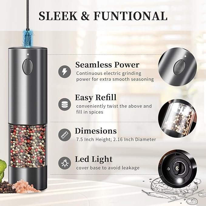 Electric Salt and Pepper Grinder Set, Upgraded Larger Capacity Stainless Steel Automatic Salt and Pepper Mill Set Refillable with 5 Adjustable Coarseness Stainless Steel Color Shaker