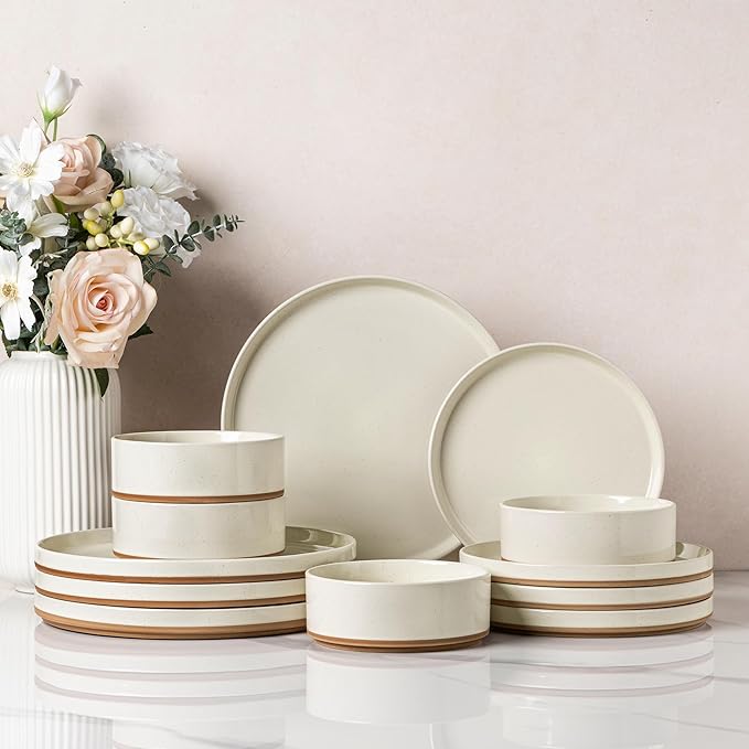 AmorArc Ceramic Dinnerware Set for 4 | Speckled Stoneware Plates and Bowls with unglazed terracotta | Scratch Resistant, Dishwasher & Microwave Safe Dishes Sets- 12-Pcs