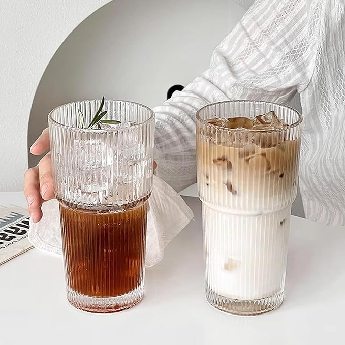 Drinking Glasses，19oz Ribbed Glassware,9 Pack Old Fashioned Glasses,Thickened glass for iced coffees, smoothies, cocktails and juices, perfect for families and parties (9)