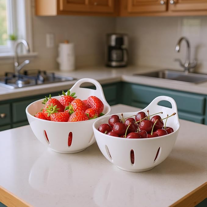 Ceramic Berry Basket,5.9 inch Fruit Bowl,Round Berry Colander with Holes & Handle,Small Fruit Basket for Kitchen Counter,Cute Containers for Berries, Strawberry, Grape, Cherry,Set of 2