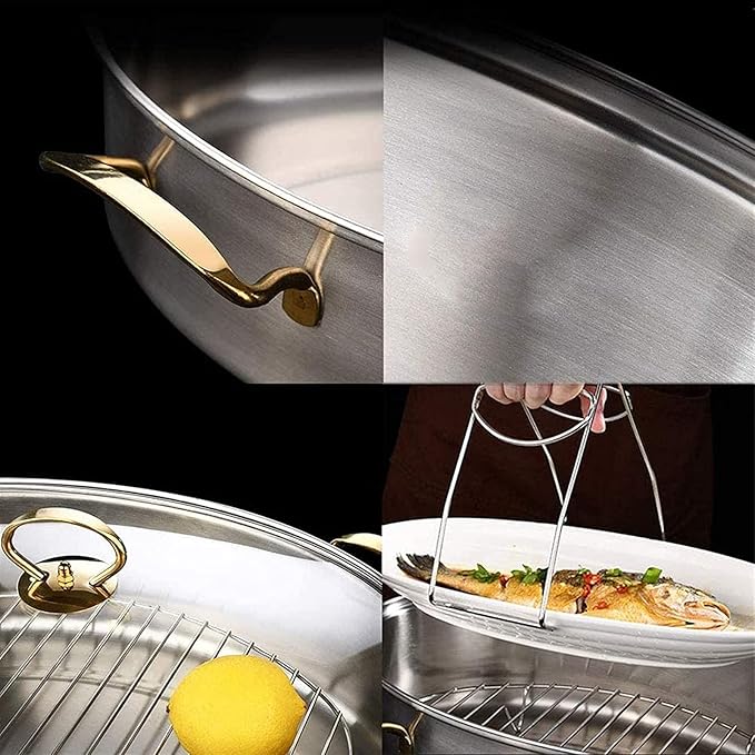 Stainless Steel Fish Steamer, Poacher Steamer Pot Pan Elliptical Shape, Stockpot for Steaming Fish, Boiling Soup, Special for Induction Cooker