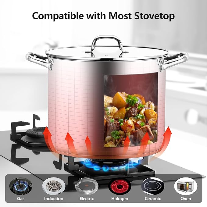 Homikit 16 Quart Stainless Steel Stock Pot, Large Sauce Soup Pot with Lid & Handles, Heavy Duty Cookware for Canning Steaming Simmering, Induction Stockpot Compatible All Cooktops, Dishwasher Safe