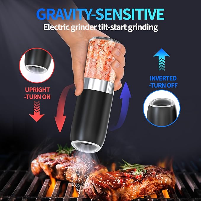 Battery Salt and Pepper Grinder Set-Gravity Electric Pepper Grinder,BoAn Automatic Spice Mill Refillable,Ceramic Larger Charmber,Adjustable Coarsenes,LED Light for Kitchen Housewarming Gifts New Home