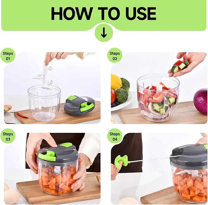 Manual Food Processor Vegetable Chopper, Portable Hand Pull String Garlic Mincer Onion Cutter for Veggies, Ginger, Fruits, Nuts, Herbs, etc., （900ml,Gray-green）