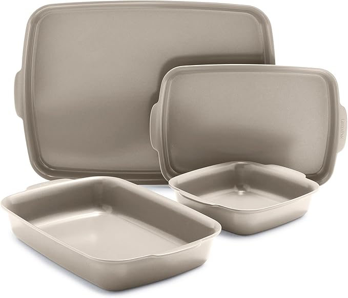 GreenPan Premiere Ovenware Healthy Ceramic Nonstick 4 Piece Bakeware Set, PFAS-Free, Rectangular, Square, Quarter, Half Sheet Baking Pans, Warp-Free, Oven & Broiler Safe 600F, Dishwasher Safe, Taupe