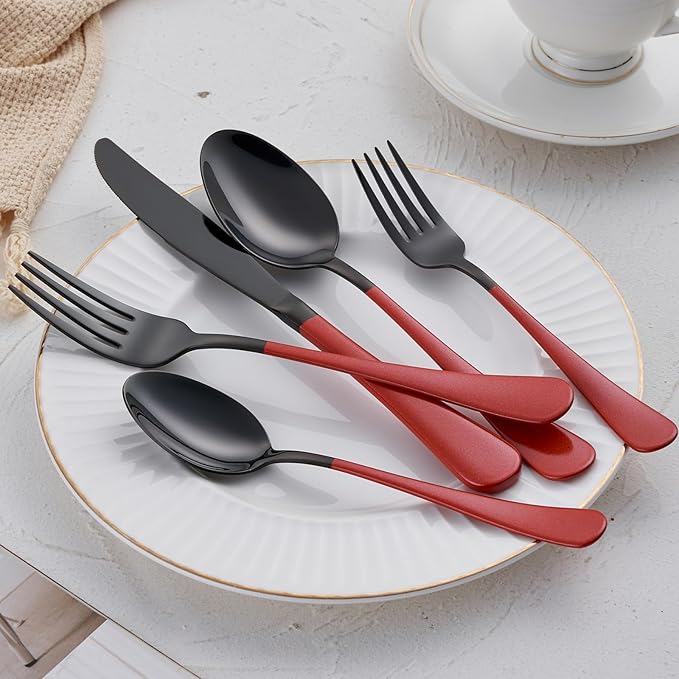 20-Piece Red Silverware Set 18/0 Stainless Steel Black Silverware Set Red Handle Cutlery Black Set Service for 4 Dinner Knives Forks Spoons Set Black Flatware SetFinish Dishwasher Safe