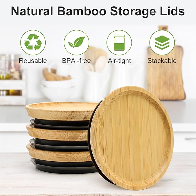 8 Pack Bamboo Regular Mouth Mason Jar Lids Canning Supplies Small Mouth Mason Jars Tops Accessories Decorative Reusable Wooden Silicone Canning Lids Glass Cups with Wood Airtight Lid for Jar Covers