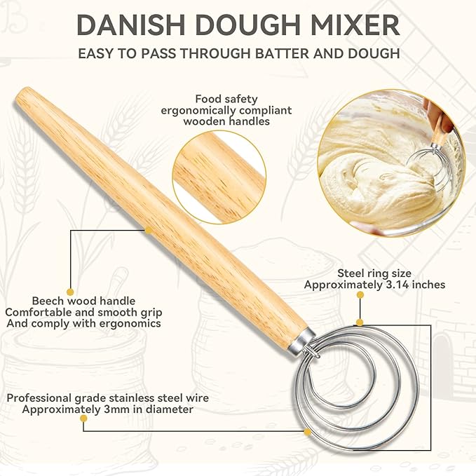 Danish Dough Whisk - Bread Making Tool Set of 3 Pieces, Kitchen Bench Scraper, Sourdough Lame with 5 Pc Blades, Dough Scoring Tool Essential Kit for Making Bread, Sourdough, Pizza, Hamburger, Pastries