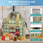 Iknoe Large Cooler Bag Collapsible 24 Can, Insulated Bags Leakproof Lunch Cooler Tote with Multi-Pockets for Adult, Insulated Lunch Box for Beach, Picnic, Work Khaki Lattice