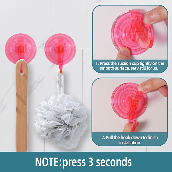 Antimbee Suction Cup Hooks,10 Pack Reusable Suction Cup Hangers,Removable Small Suction Cups for Shower,Bathroom,Glass,Door,Windows,Kitchen-Up to 11 lbs on Smooth Surface (Transparent Pink)