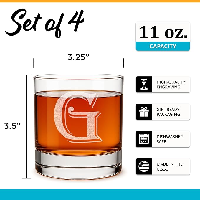 On The Rox Drinks 4 Piece Glass Set Engraved with G Monogram, 11-Ounce