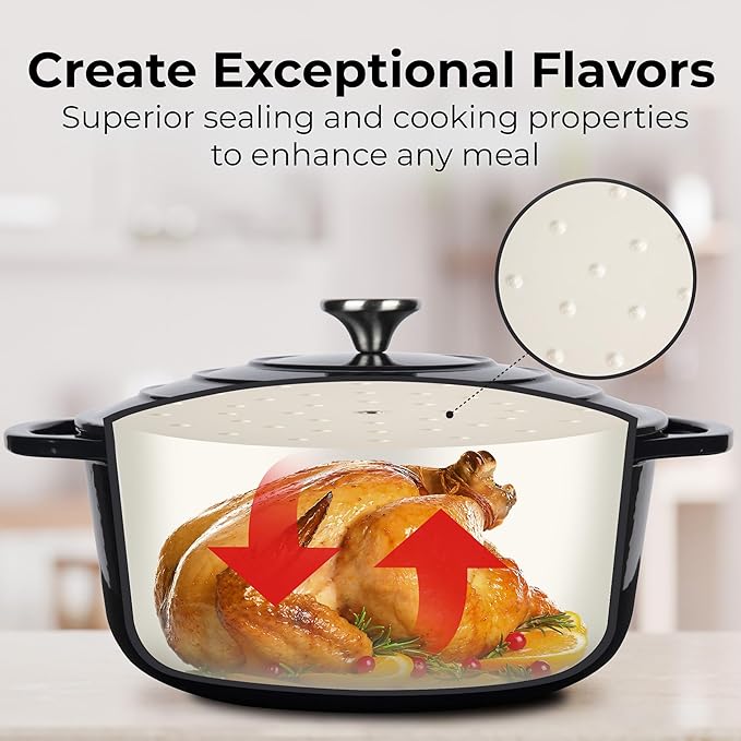 Zulay Kitchen 7.7 Quart Enameled Cast Iron Dutch Oven with Lid, Silicone Trivet & Heat Pad – Premium Durability & Oven Safe up to 500°F – Heavy Duty Cookware Perfect for Bread Baking, Stews, Braising & Roasting – Black