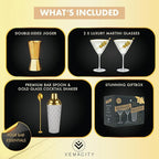 VEMACITY - Luxury Cocktail Shaker Set - Gold Glass Cocktail Shaker with Built-In Strainer, 2 Ribbed Espresso Martini Glasses with Gold Rims, Bar Spoon & Jigger - Gift Sets, Wedding Gift