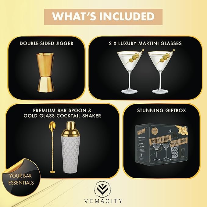 VEMACITY - Luxury Cocktail Shaker Set - Gold Glass Cocktail Shaker with Built-In Strainer, 2 Ribbed Espresso Martini Glasses with Gold Rims, Bar Spoon & Jigger - Gift Sets, Wedding Gift