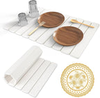 Stone Dish Drying Mat, 24"(L)×16"(W) - Fast-Drying, Collapsible Kitchen Counter Mat for Dishes, Cups & Bottles with Sanding Tool + Placemat, White