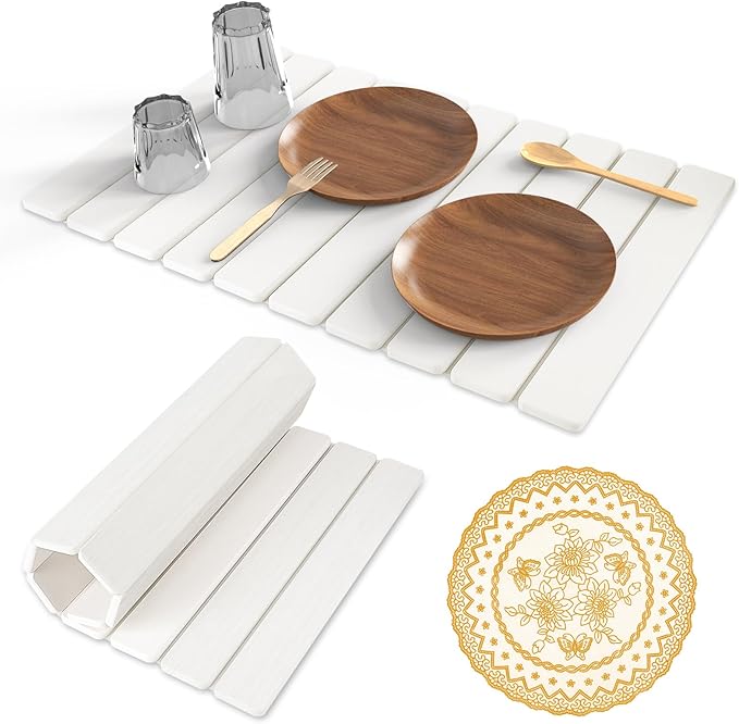 Stone Dish Drying Mat, 24"(L)×16"(W) - Fast-Drying, Collapsible Kitchen Counter Mat for Dishes, Cups & Bottles with Sanding Tool + Placemat, White