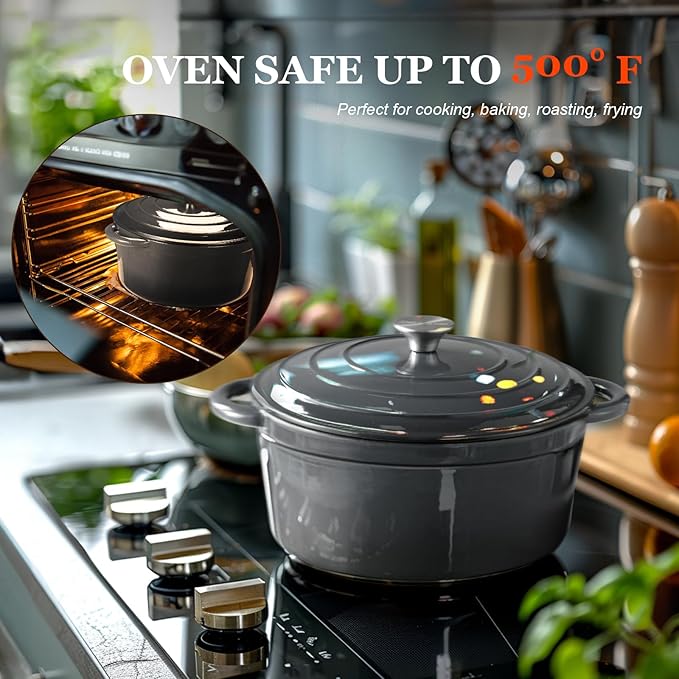 Overmont Enameled Cast Iron Dutch Oven - 4.5QT Pot with Lid Cookbook & Cotton Potholders - Heavy-Duty Cookware for Braising, Stews, Roasting, Bread Baking grey