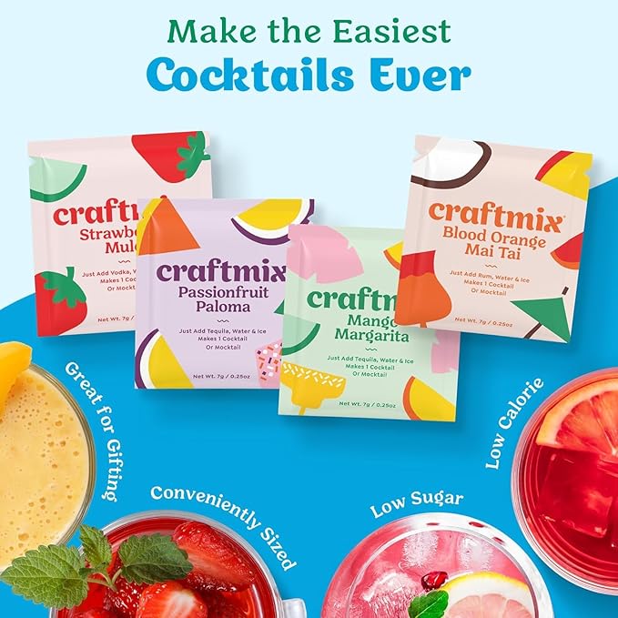 Craftmix Variety Pack, Makes 24 Drinks, Skinny Cocktail Mixers, Mocktails Non-Alcoholic Drinks - Made With Real Fruit - Vegan Low-Carb, Low-Sugar, Non-GMO, Dairy Free, Gluten Free, Easy to Mix