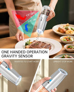 CIRCLE JOY Rechargeable Gravity Electric Salt and Pepper Grinder Set, Stainless Steels Salt and Pepper Mills with LED Light, No Battery Needed, Adjustable Coarseness, Washable 135ml Container, Silver